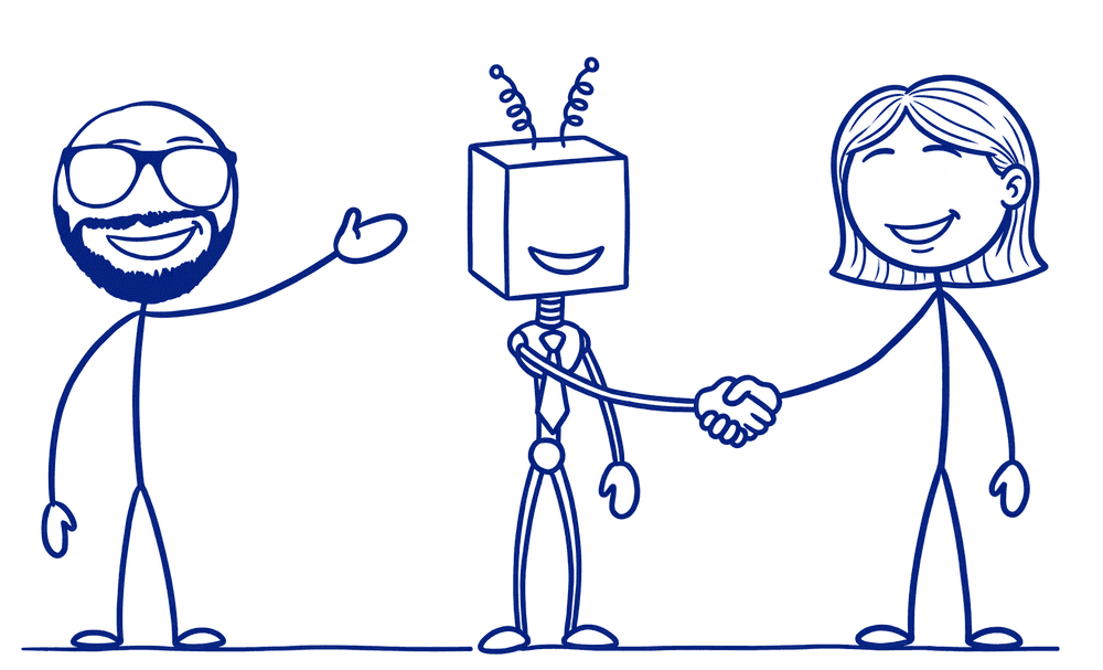 Ben introducing a robot assistant to a client, who shakes its hand