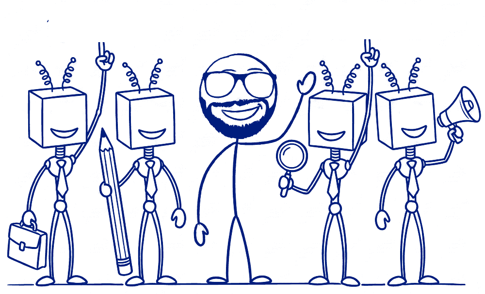 Ben alongside four robot assistants holding a briefcase, pencil, magnifying glass and megaphone