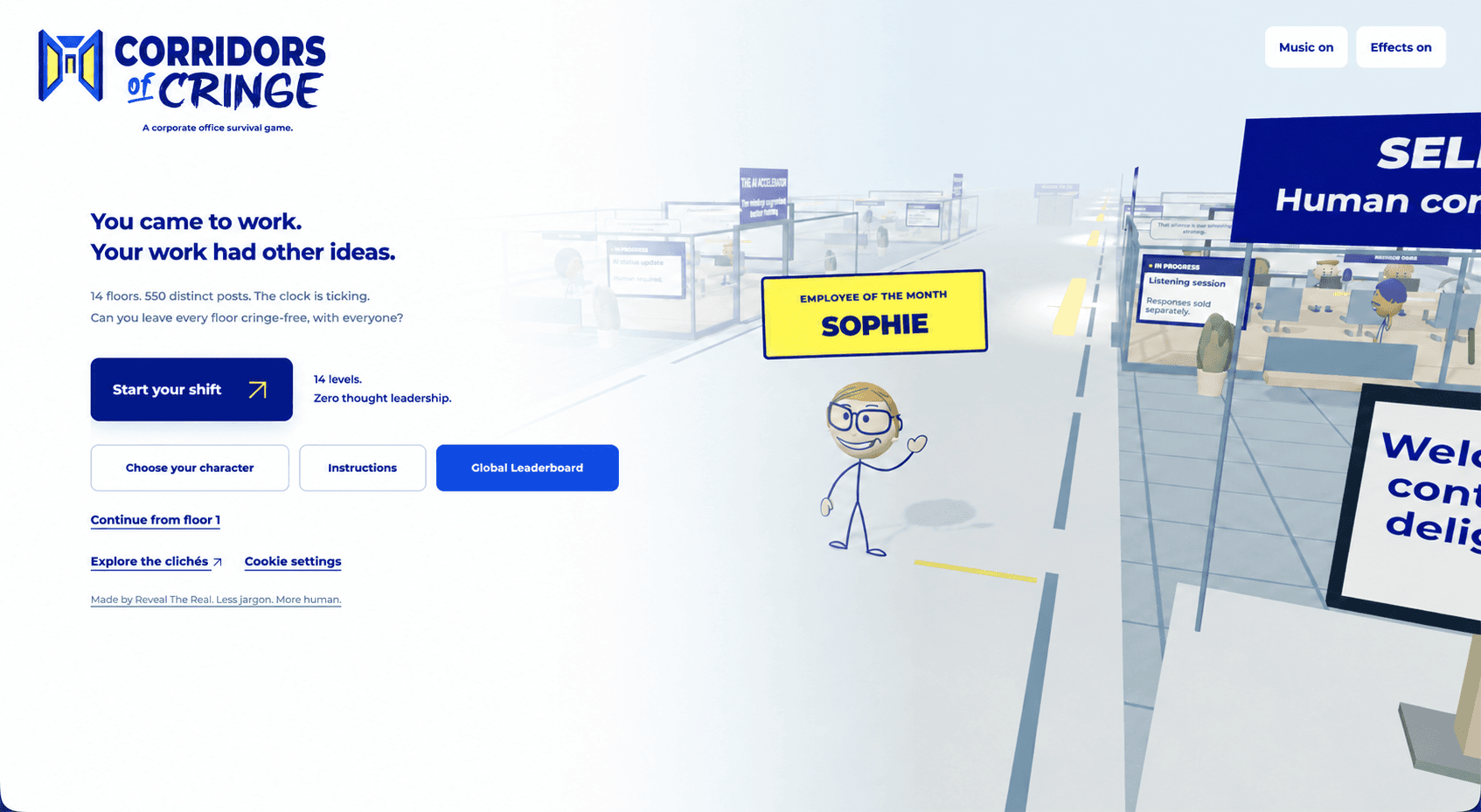 The Corridors of Cringe homepage on a laptop, with Sophie as Employee of the Month.
