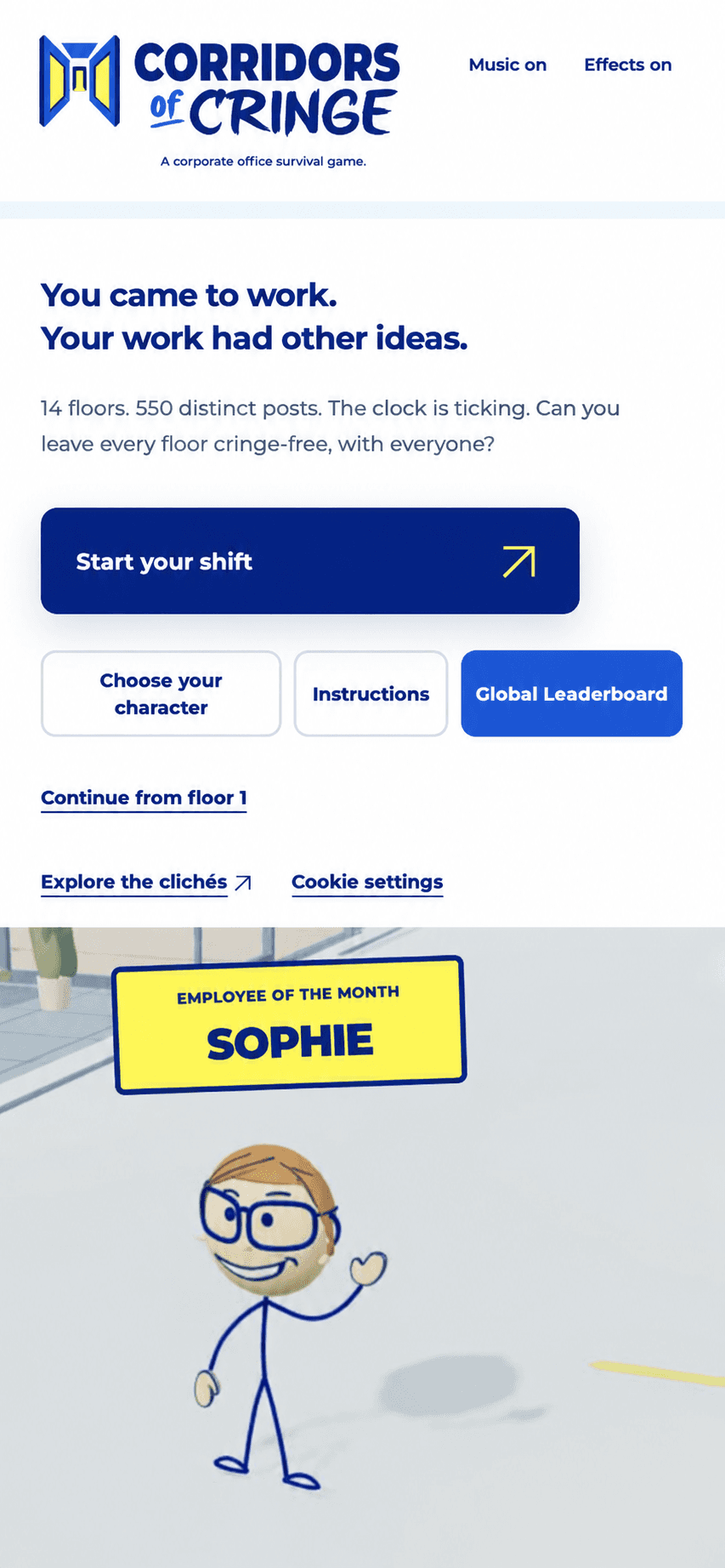 The mobile game homepage, with Start your shift, the global leaderboard and Sophie ready to play.